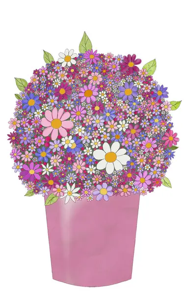 Big Bouquet of Flowers in various shades of pink, watercolor illustration