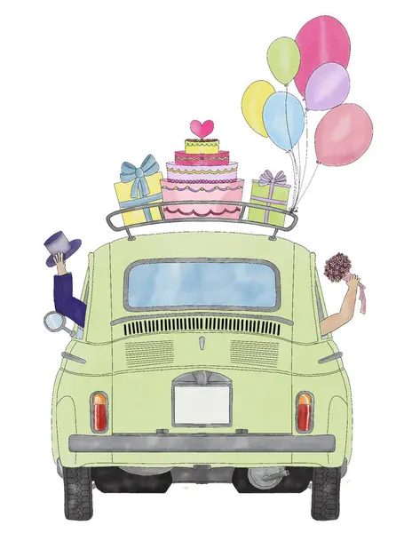 手绘绿色复古菲亚特500与新娘和新郎 结婚蛋糕 气球和礼物 车牌上的复制空间 图库图片
