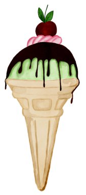 Çikolata soslu ve meyveli dondurma külahı, suluboya çizimi