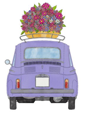 Çiçek sepetiyle el boyası Mor Retro Fiat 500