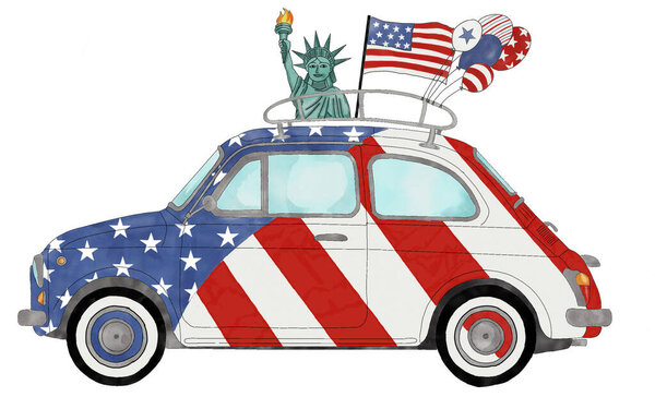 Handpainted Retro Fiat 500 in American Flag colors, July 4th Celebration