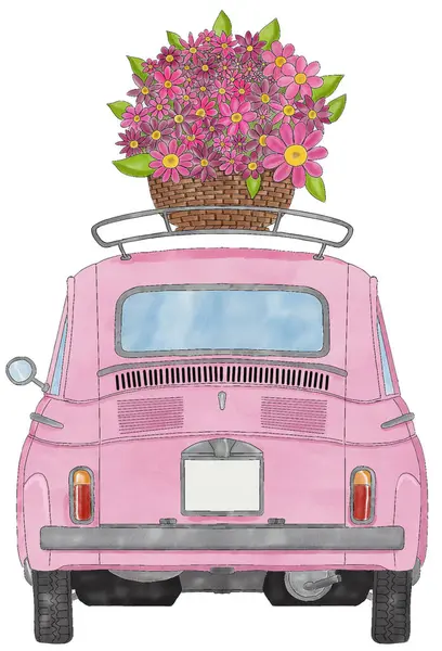 手绘粉红复古菲亚特500与花篮 免版税图库图片