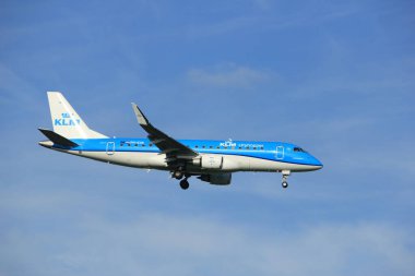 Amsterdam the Netherlands - July 7th 2017: PH-EXK KLM Cityhopper Embraer ERJ-175STD approaching Schiphol Amsterdam Airport Polderbaan runway clipart
