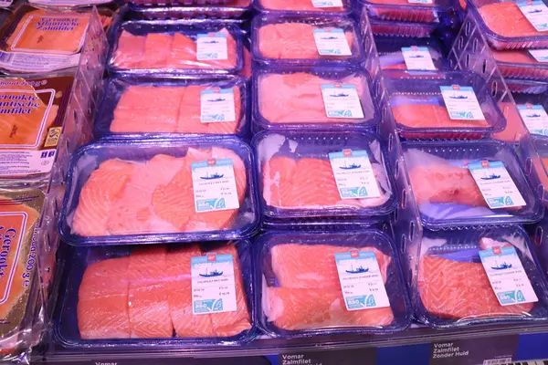 stock image Haarlem, the Netherlands - May 26th, 2024:  Salmon in a supermarket
