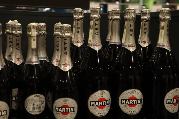 Beverwijk, the Netherlands - June 8th 2024: Asti Martini bottles in store, a sparkling Italian white wine from Piemonte.