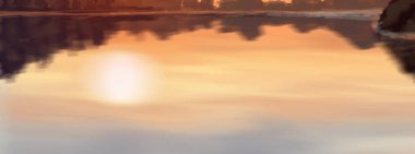 Peyzaj arka planı. Boya elementleriyle soyut sanat şablonu. Sunset Sunset arkaplan soyut afiş tasarımı doğa tarzında. Vektör illüstrasyonu.