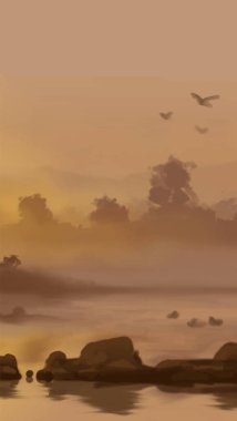 Peyzaj arka planı. Boya elementleriyle soyut sanat şablonu. Sunset Sunset arkaplan soyut afiş tasarımı doğa tarzında. Vektör illüstrasyonu.