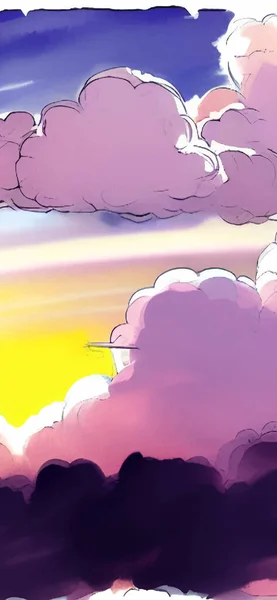 Modello Astratto Con Cielo Fumetto Viola Nuvole Dipinte Sfondo Morbido — Vettoriale Stock