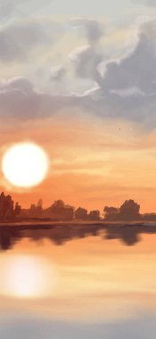 Peyzaj arka planı. Boya elementleriyle soyut sanat şablonu. Sunset Sunset arkaplan soyut afiş tasarımı doğa tarzında. Vektör illüstrasyonu.