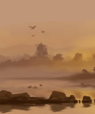 Peyzaj arka planı. Boya elementleriyle soyut sanat şablonu. Sunset Sunset arkaplan soyut afiş tasarımı doğa tarzında. Vektör illüstrasyonu.