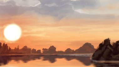 Peyzaj arka planı. Boya elementleriyle soyut sanat şablonu. Sunset Sunset arkaplan soyut afiş tasarımı doğa tarzında. Vektör illüstrasyonu.