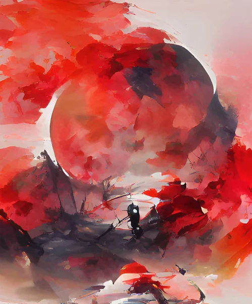 Latar Belakang Kuas Tinta Merah Hitam Gaya Jepang Vektor Ilustrasi - Stok Vektor
