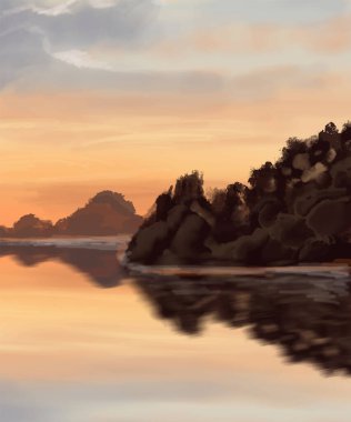 Peyzaj arka planı. Boya elementleriyle soyut sanat şablonu. Sunset Sunset arkaplan soyut afiş tasarımı doğa tarzında. Vektör illüstrasyonu.