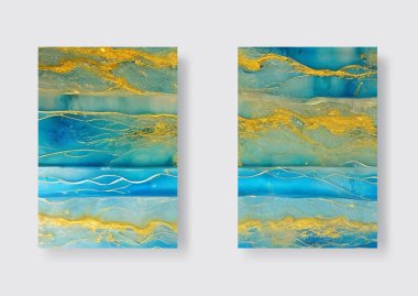 Abstract ocean art banners set. Natural Luxury. Beautiful blue paint with the addition of gold powder. Vector illustration.