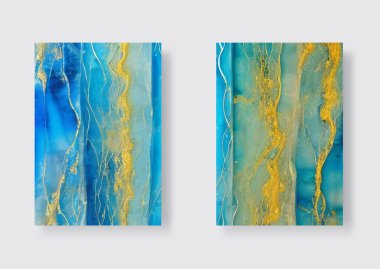 Abstract ocean art banners set. Natural Luxury. Beautiful blue paint with the addition of gold powder. Vector illustration.