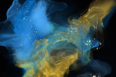 Lüks mavi, siyah, altın soyut arkaplan mermer sıvı mürekkep resimli kağıt üzerinde. Orijinal suluboya alkol boyası. Vektör illüstrasyonu.