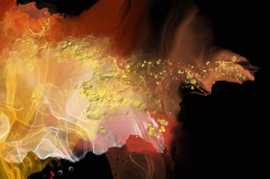 Lüks kırmızı, ateş, siyah, altın soyut arkaplan mermer sıvı mürekkep resimleri kağıt üzerinde. Orijinal suluboya alkol boyası. Vektör illüstrasyonu.