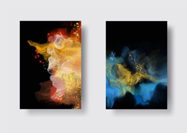 Kağıt üzerinde mermer sıvı mürekkep resimlerinin lüks arka plan seti. Orijinal suluboya alkol boyası. Vektör illüstrasyonu.