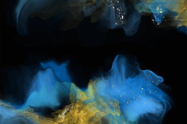 Lüks mavi, siyah, altın soyut arkaplan mermer sıvı mürekkep resimli kağıt üzerinde. Orijinal suluboya alkol boyası. Vektör illüstrasyonu.