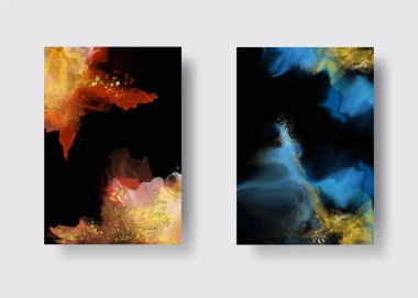 Kağıt üzerinde mermer sıvı mürekkep resimlerinin lüks arka plan seti. Orijinal suluboya alkol boyası. Vektör illüstrasyonu.