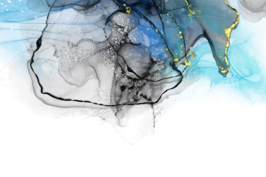 Lüks mavi, siyah, altın soyut arkaplan mermer sıvı mürekkep resimli kağıt üzerinde. Orijinal suluboya alkol boyası. Vektör illüstrasyonu.