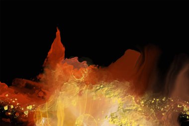 Lüks kırmızı, ateş, siyah, altın soyut arkaplan mermer sıvı mürekkep resimleri kağıt üzerinde. Orijinal suluboya alkol boyası. Vektör illüstrasyonu.