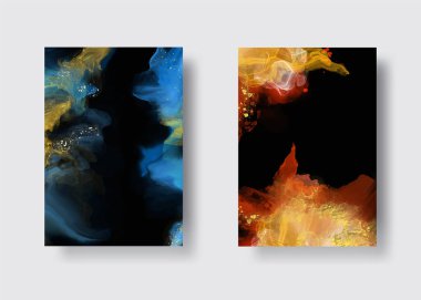 Kağıt üzerinde mermer sıvı mürekkep resimlerinin lüks arka plan seti. Orijinal suluboya alkol boyası. Vektör illüstrasyonu.