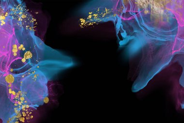 Lükslü mavi, mor, siyah, altın soyut arkaplan mermer sıvı mürekkep resimleri kağıt üzerinde. Orijinal suluboya alkol boyası. Vektör illüstrasyonu.