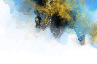 Lüks mavi, siyah, altın soyut arkaplan mermer sıvı mürekkep resimli kağıt üzerinde. Orijinal suluboya alkol boyası. Vektör illüstrasyonu.