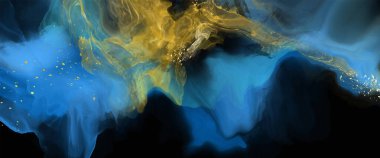 Lüks mavi, siyah, altın soyut arkaplan mermer sıvı mürekkep resimli kağıt üzerinde. Orijinal suluboya alkol boyası. Vektör illüstrasyonu.