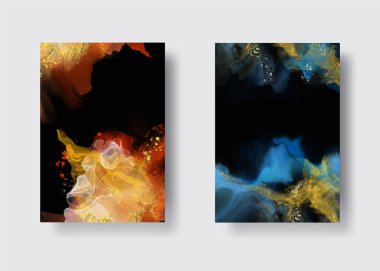 Kağıt üzerinde mermer sıvı mürekkep resimlerinin lüks arka plan seti. Orijinal suluboya alkol boyası. Vektör illüstrasyonu.