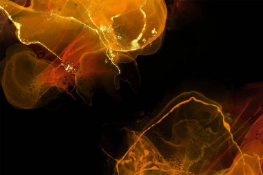 Lüks kırmızı, ateş, siyah, altın soyut arkaplan mermer sıvı mürekkep resimleri kağıt üzerinde. Orijinal suluboya alkol boyası. Vektör illüstrasyonu.