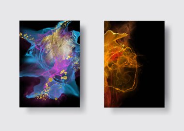 Kağıt üzerinde mermer sıvı mürekkep resimlerinin lüks arka plan seti. Orijinal suluboya alkol boyası. Vektör illüstrasyonu.