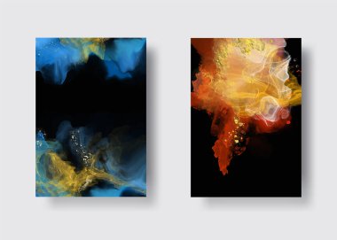 Kağıt üzerinde mermer sıvı mürekkep resimlerinin lüks arka plan seti. Orijinal suluboya alkol boyası. Vektör illüstrasyonu.