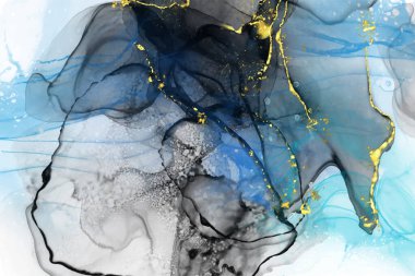 Lüks mavi, siyah, altın soyut arkaplan mermer sıvı mürekkep resimli kağıt üzerinde. Orijinal suluboya alkol boyası. Vektör illüstrasyonu.