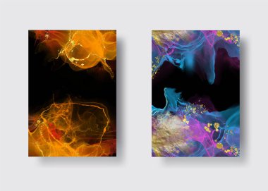 Kağıt üzerinde mermer sıvı mürekkep resimlerinin lüks arka plan seti. Orijinal suluboya alkol boyası. Vektör illüstrasyonu.