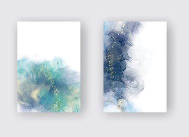 Kağıt üzerinde mermer sıvı mürekkep resimlerinin lüks mavi arka plan seti. Orijinal suluboya alkol boyası. Vektör illüstrasyonu.