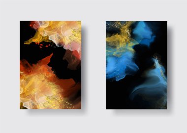 Kağıt üzerinde mermer sıvı mürekkep resimlerinin lüks arka plan seti. Orijinal suluboya alkol boyası. Vektör illüstrasyonu.