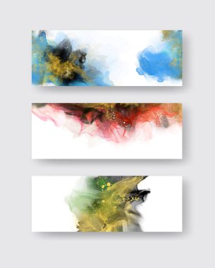 Kağıt üzerinde mermer sıvı mürekkep resimlerinin lüks arka plan seti. Orijinal suluboya alkol boyası. Vektör illüstrasyonu.