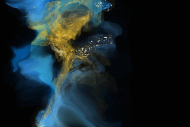 Lüks mavi, siyah, altın soyut arkaplan mermer sıvı mürekkep resimli kağıt üzerinde. Orijinal suluboya alkol boyası. Vektör illüstrasyonu.