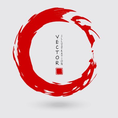 Beyaz arka planda kırmızı mürekkep izi var. Japon tarzı. Grunge Circle lekelerinin vektör illüstrasyonu
