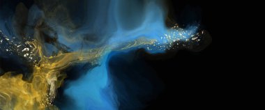 Lüks mavi, siyah, altın soyut arkaplan mermer sıvı mürekkep resimli kağıt üzerinde. Orijinal suluboya alkol boyası. Vektör illüstrasyonu.