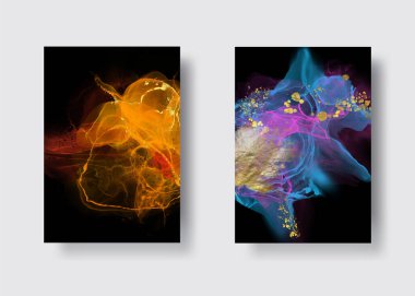 Kağıt üzerinde mermer sıvı mürekkep resimlerinin lüks arka plan seti. Orijinal suluboya alkol boyası. Vektör illüstrasyonu.