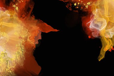 Lüks kırmızı, ateş, siyah, altın soyut arkaplan mermer sıvı mürekkep resimleri kağıt üzerinde. Orijinal suluboya alkol boyası. Vektör illüstrasyonu.