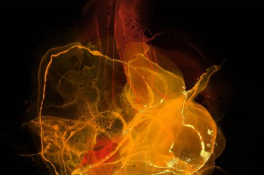 Lüks kırmızı, ateş, siyah, altın soyut arkaplan mermer sıvı mürekkep resimleri kağıt üzerinde. Orijinal suluboya alkol boyası. Vektör illüstrasyonu.