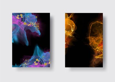 Kağıt üzerinde mermer sıvı mürekkep resimlerinin lüks arka plan seti. Orijinal suluboya alkol boyası. Vektör illüstrasyonu.