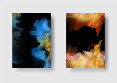 Kağıt üzerinde mermer sıvı mürekkep resimlerinin lüks arka plan seti. Orijinal suluboya alkol boyası. Vektör illüstrasyonu.