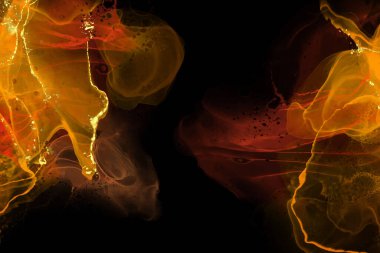 Lüks kırmızı, ateş, siyah, altın soyut arkaplan mermer sıvı mürekkep resimleri kağıt üzerinde. Orijinal suluboya alkol boyası. Vektör illüstrasyonu.