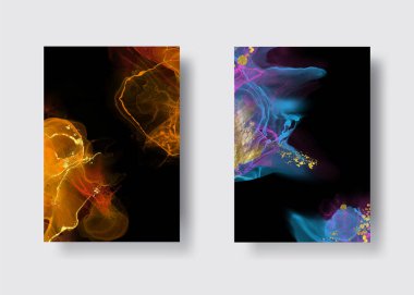 Kağıt üzerinde mermer sıvı mürekkep resimlerinin lüks arka plan seti. Orijinal suluboya alkol boyası. Vektör illüstrasyonu.