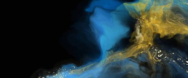 Lüks mavi, siyah, altın soyut arkaplan mermer sıvı mürekkep resimli kağıt üzerinde. Orijinal suluboya alkol boyası. Vektör illüstrasyonu.